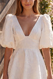 Ivory A Line V Neck Jacquard Short Bridal Shower Dress with Puff Sleeves