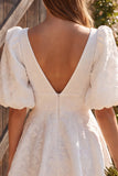 Ivory A Line V Neck Jacquard Short Bridal Shower Dress with Puff Sleeves