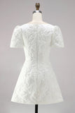 Ivory Jacquard Bodycon Bateau Neck Short Bridal Shower Dress