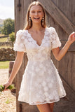 Ivory Floral Appliqued A-Line V-Neck Short Bridal Shower Dress