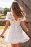 Ivory Floral Appliqued A-Line V-Neck Short Bridal Shower Dress