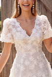 Ivory Floral Appliqued A-Line V-Neck Short Bridal Shower Dress