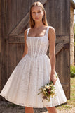 Corset Ivory A Line Square Neck Lace Short Bridal Shower Dress