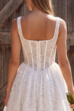 Corset Ivory A Line Square Neck Lace Short Bridal Shower Dress