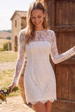 Long Sleeve Ivory Bodycon Illusion Neck Lace Short Bridal Shower Dress