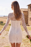 Long Sleeve Ivory Bodycon Illusion Neck Lace Short Bridal Shower Dress