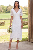 Lace Ivory Sheath V-Neck Midi Bridal Shower Dress with Back Slit