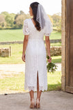Lace Ivory Sheath V-Neck Midi Bridal Shower Dress with Back Slit