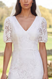 Lace Ivory Sheath V-Neck Midi Bridal Shower Dress with Back Slit