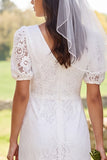 Lace Ivory Sheath V-Neck Midi Bridal Shower Dress with Back Slit