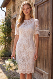 Ivory Sheath Lace Bridal Shower Dress with Short Sleeves