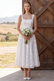 Ivory 3D Floral Beaded A Line Square Neck Midi Bridal Shower Dress
