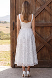 Ivory 3D Floral Beaded A Line Square Neck Midi Bridal Shower Dress