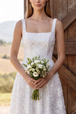 Ivory 3D Floral Beaded A Line Square Neck Midi Bridal Shower Dress
