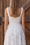Ivory 3D Floral Beaded A Line Square Neck Midi Bridal Shower Dress