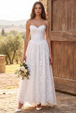 Strapless Corset Ivory A-Line Lace Engagament Dress with Pearls