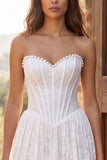 Strapless Corset Ivory A-Line Lace Engagament Dress with Pearls
