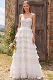 Sweetheart Ivory Tiered Ruffled A-Line Long Wedding Dress with Lace