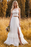 Ivory 2 Piece A-Line Illusion Neck Ruffled Long Wedding Dress with Slit