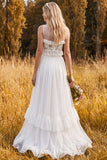 Ivory 2 Piece A-Line Illusion Neck Ruffled Long Wedding Dress with Slit