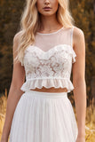 Ivory 2 Piece A-Line Illusion Neck Ruffled Long Wedding Dress with Slit