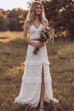 Boho Ivory V Neck Tiered Ruffle A Line Lace 2 Piece Wedding Dress with Slit