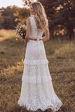 Boho Ivory V Neck Tiered Ruffle A Line Lace 2 Piece Wedding Dress with Slit