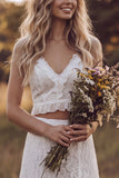 Boho Ivory V Neck Tiered Ruffle A Line Lace 2 Piece Wedding Dress with Slit