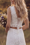 Boho Ivory V Neck Tiered Ruffle A Line Lace 2 Piece Wedding Dress with Slit
