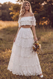 Off the Shoulder 2 Piece Ivory A Line Tiered Ruffled Lace Wedding Dress