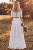 Off the Shoulder 2 Piece Ivory A Line Tiered Ruffled Lace Wedding Dress
