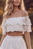Off the Shoulder 2 Piece Ivory A Line Tiered Ruffled Lace Wedding Dress