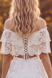 Off the Shoulder 2 Piece Ivory A Line Tiered Ruffled Lace Wedding Dress