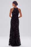 Halter Black Burnout Velvet Mermaid Formal Dress with Slit