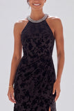 Halter Black Burnout Velvet Mermaid Formal Dress with Slit