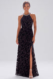 Halter Black Burnout Velvet Mermaid Formal Dress with Slit