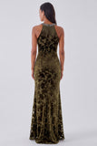 Halter Black Burnout Velvet Mermaid Formal Dress with Slit