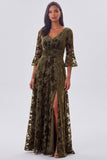 Olive Burnout Velvet 3/4 Sleeve A Line Mother of the Bride Dress with Slit