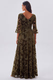 Olive Burnout Velvet 3/4 Sleeve A Line Mother of the Bride Dress with Slit