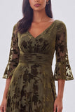 Olive Burnout Velvet 3/4 Sleeve A Line Mother of the Bride Dress with Slit