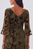Olive Burnout Velvet 3/4 Sleeve A Line Mother of the Bride Dress with Slit