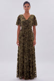 Burnout Velvet Olive A Line Bridesmaid Dress with Short Sleeves