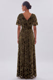 Burnout Velvet Olive A Line Bridesmaid Dress with Short Sleeves