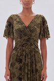 Burnout Velvet Olive A Line Bridesmaid Dress with Short Sleeves