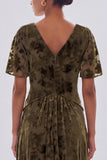 Burnout Velvet Olive A Line Bridesmaid Dress with Short Sleeves