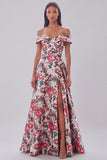 Red Floral Off the Shoulder A Line Maxi Wedding Guest Dress with Slit