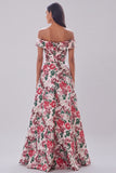 Red Floral Off the Shoulder A Line Maxi Wedding Guest Dress with Slit
