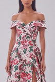 Red Floral Off the Shoulder A Line Maxi Wedding Guest Dress with Slit