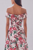 Red Floral Off the Shoulder A Line Maxi Wedding Guest Dress with Slit