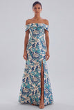 Off the Shoulder Blue Floral Mermaid Wedding Guest Dress with Slit